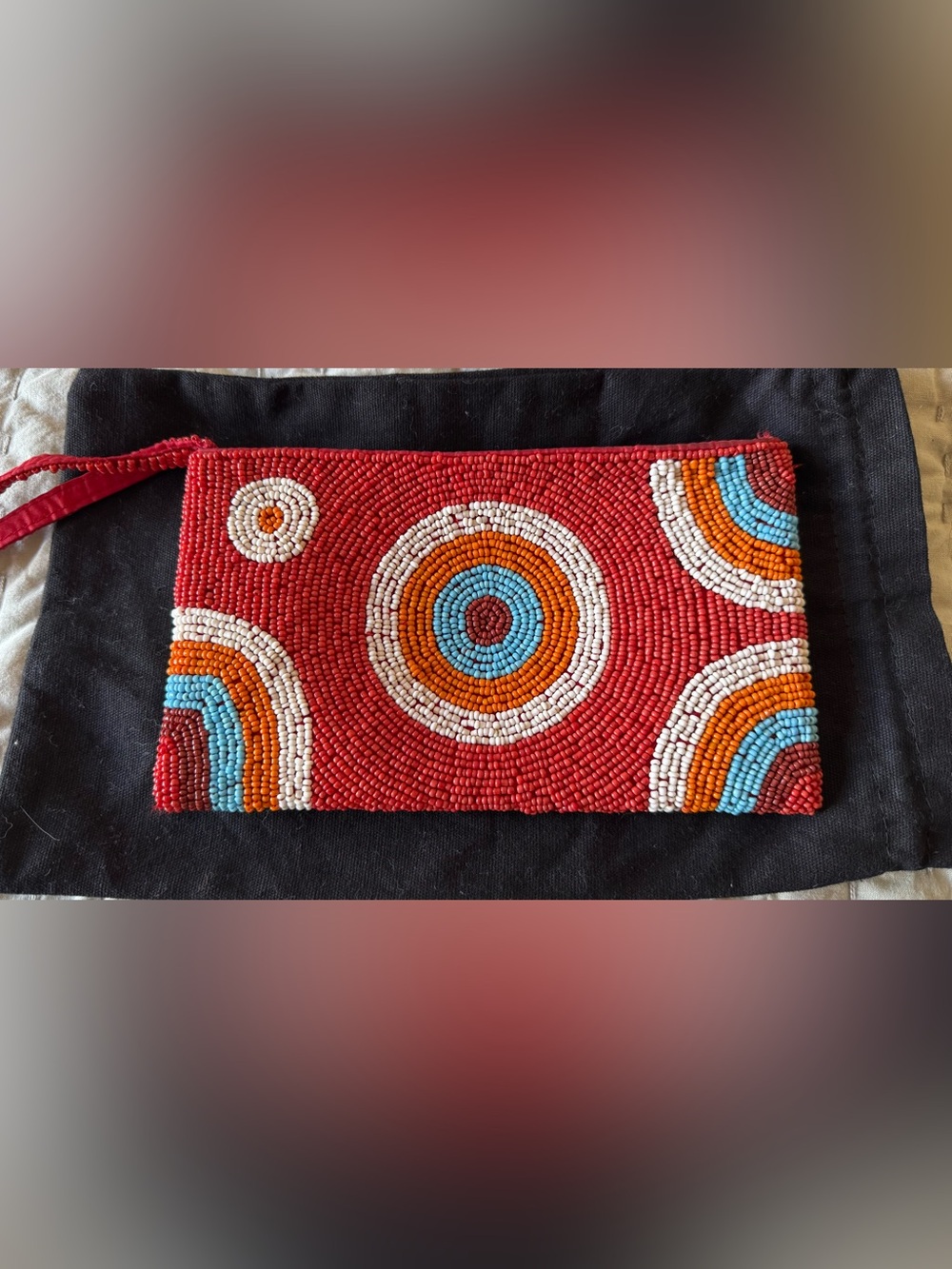 NWOT Hand-Beaded Red Geometric Pattern Wristlet Clutch